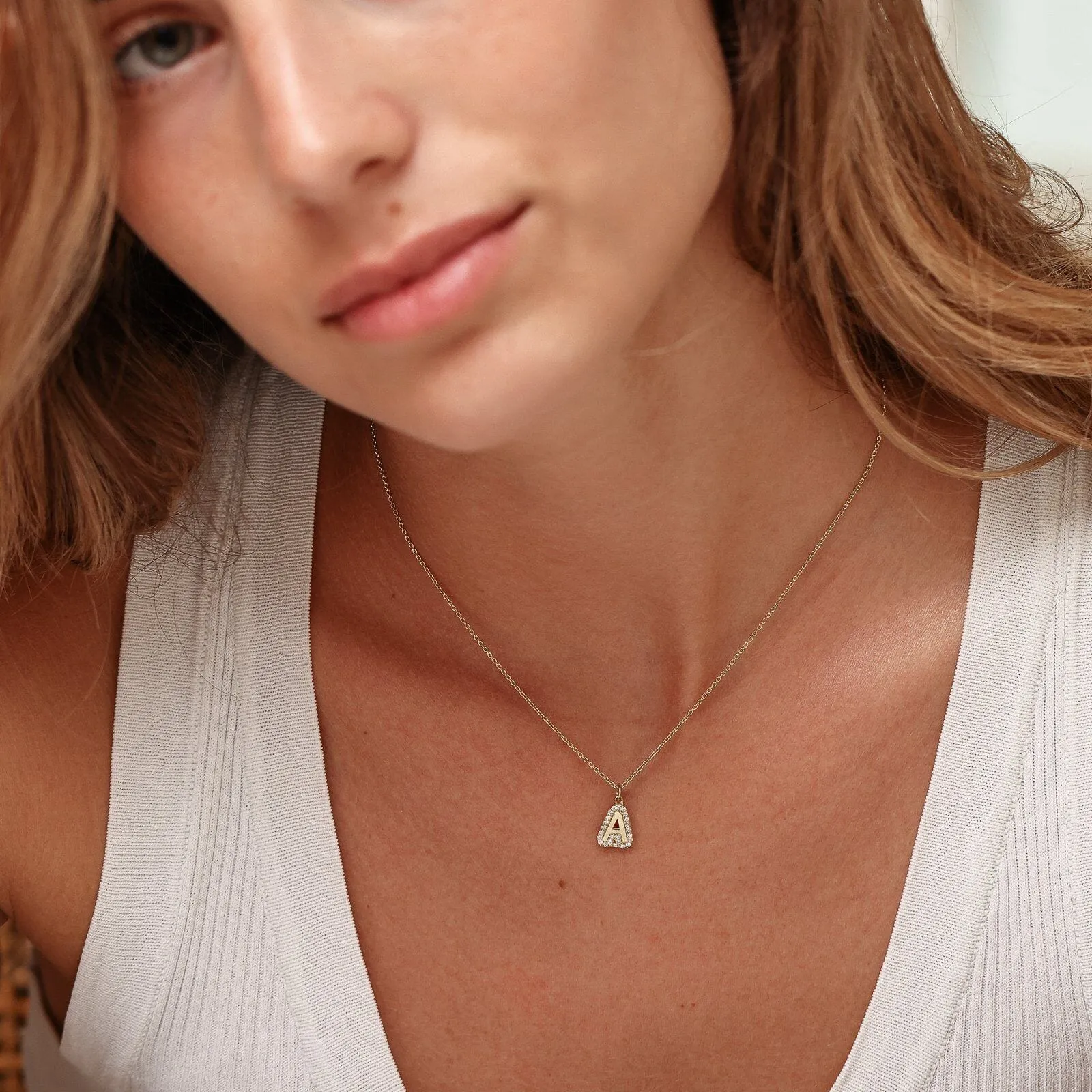 Diamond Bubble Initial Necklace - 14K Yellow Gold