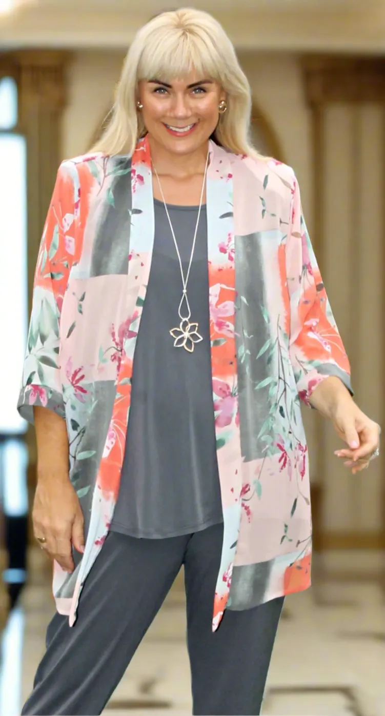 Edwina Edge to Edge Jacket Floral Coral| Charcoal