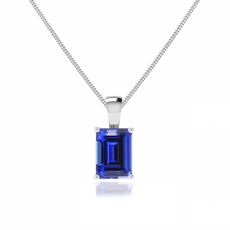 ELIZA - Emerald Cut Blue Sapphire 4 Claw Drop Pendant 18k White Gold