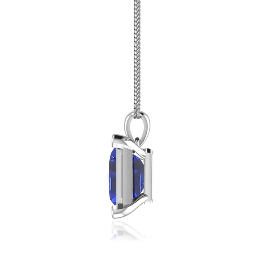 ELIZA - Emerald Cut Blue Sapphire 4 Claw Drop Pendant 18k White Gold