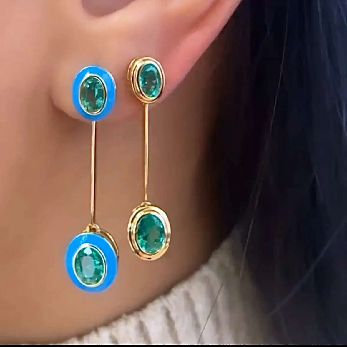 Emerald Oval-Cut Earrings with Turquoise Enamel