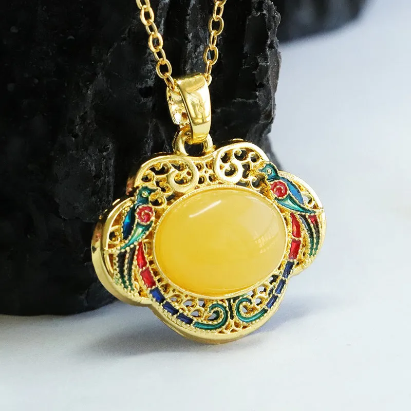 Enamel Amber Ruyi Pendant with Sterling Silver Bee Amber Gem - Fortune's Favor Collection