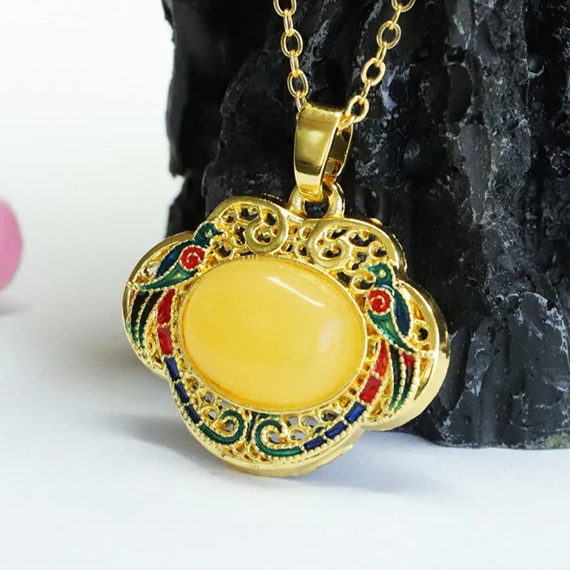 Enamel Amber Ruyi Pendant with Sterling Silver Bee Amber Gem - Fortune's Favor Collection