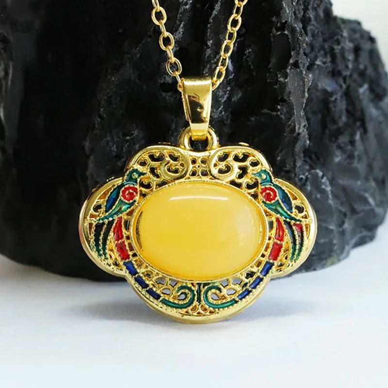 Enamel Amber Ruyi Pendant with Sterling Silver Bee Amber Gem - Fortune's Favor Collection