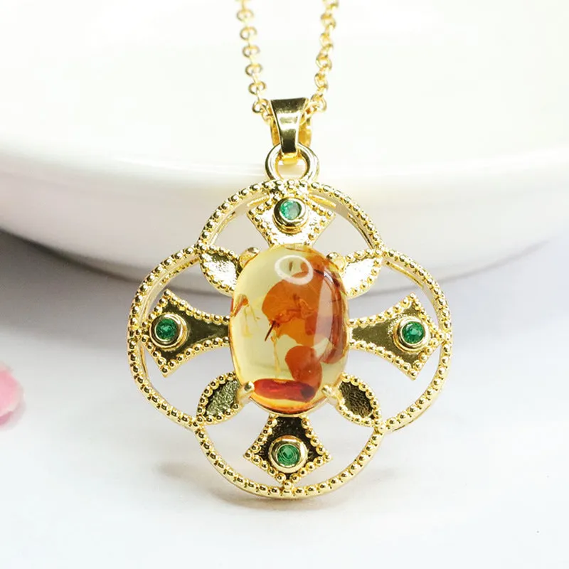 Ethnic Style Jewelry Featuring Green Zircon and Amber Pendant