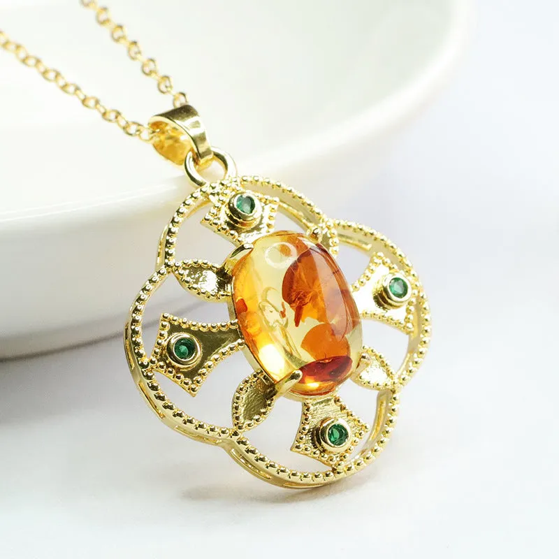 Ethnic Style Jewelry Featuring Green Zircon and Amber Pendant