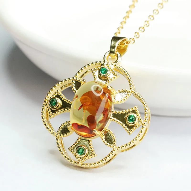 Ethnic Style Jewelry Featuring Green Zircon and Amber Pendant