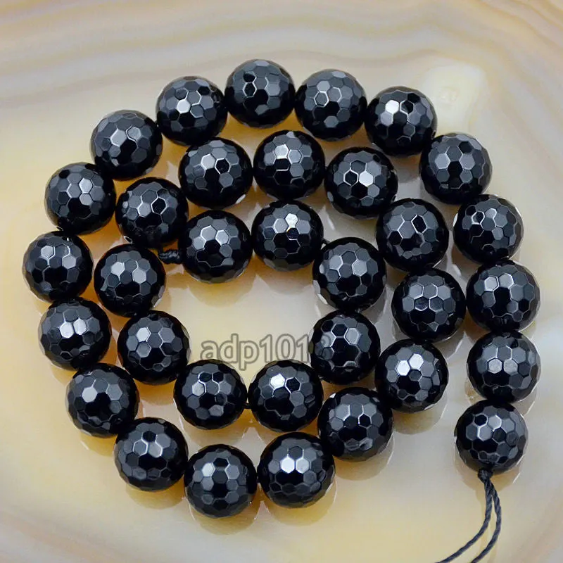 Faceted Natural Black Onyx Gemstone Round Loose Beads on a 15.5" Strand