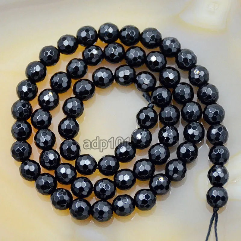 Faceted Natural Black Onyx Gemstone Round Loose Beads on a 15.5" Strand