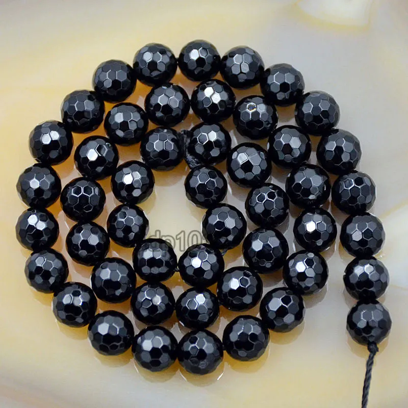 Faceted Natural Black Onyx Gemstone Round Loose Beads on a 15.5" Strand