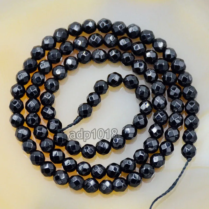 Faceted Natural Black Onyx Gemstone Round Loose Beads on a 15.5" Strand