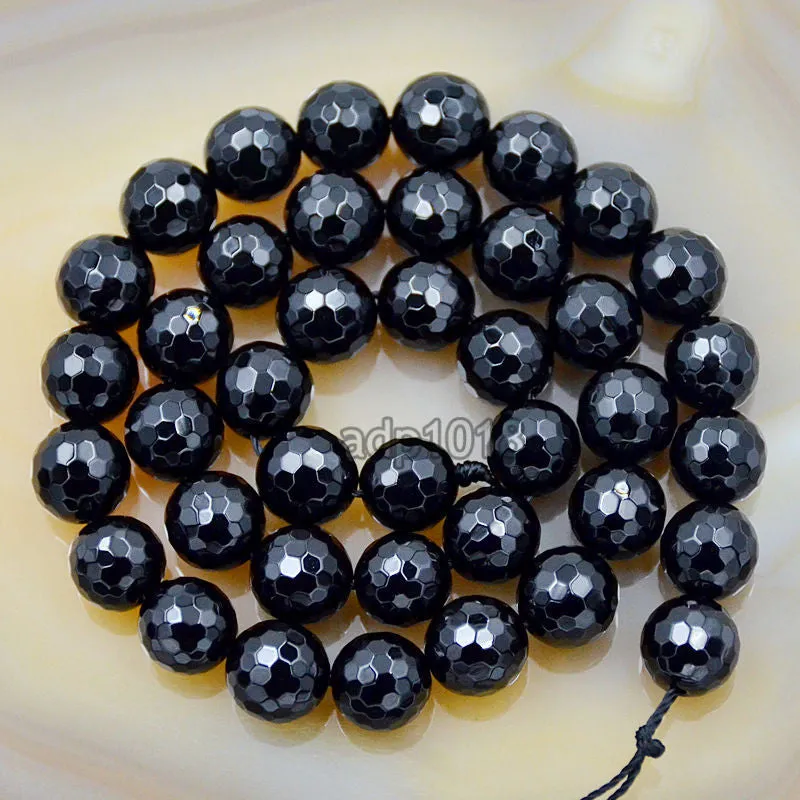 Faceted Natural Black Onyx Gemstone Round Loose Beads on a 15.5" Strand