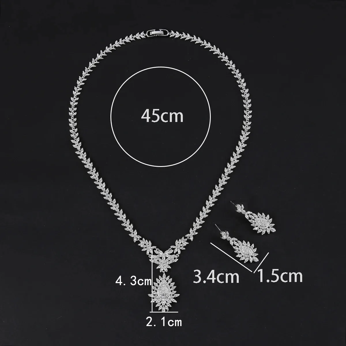 Fashion 2Pcs Cubic Zirconia Bridal Wedding Necklace and Pendant Earrings Jewelry Set Bridal Wedding Accessories CN11045