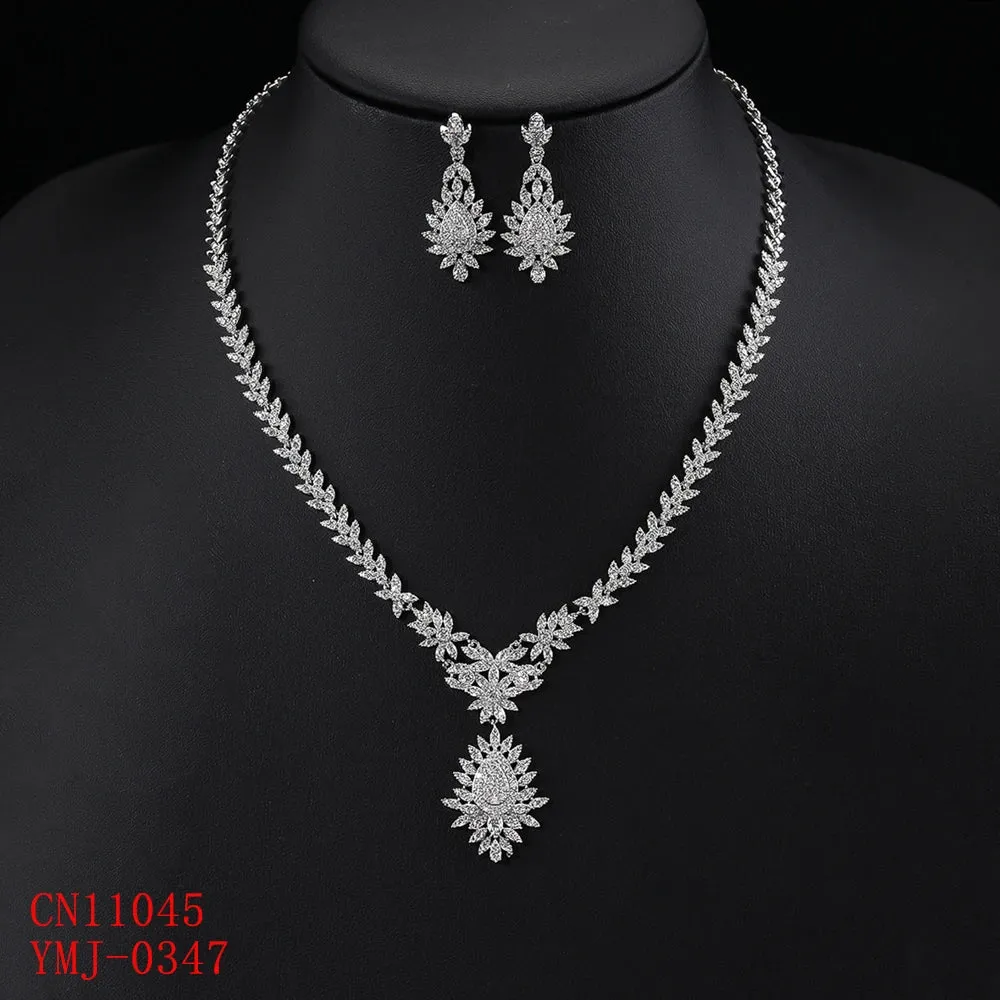 Fashion 2Pcs Cubic Zirconia Bridal Wedding Necklace and Pendant Earrings Jewelry Set Bridal Wedding Accessories CN11045