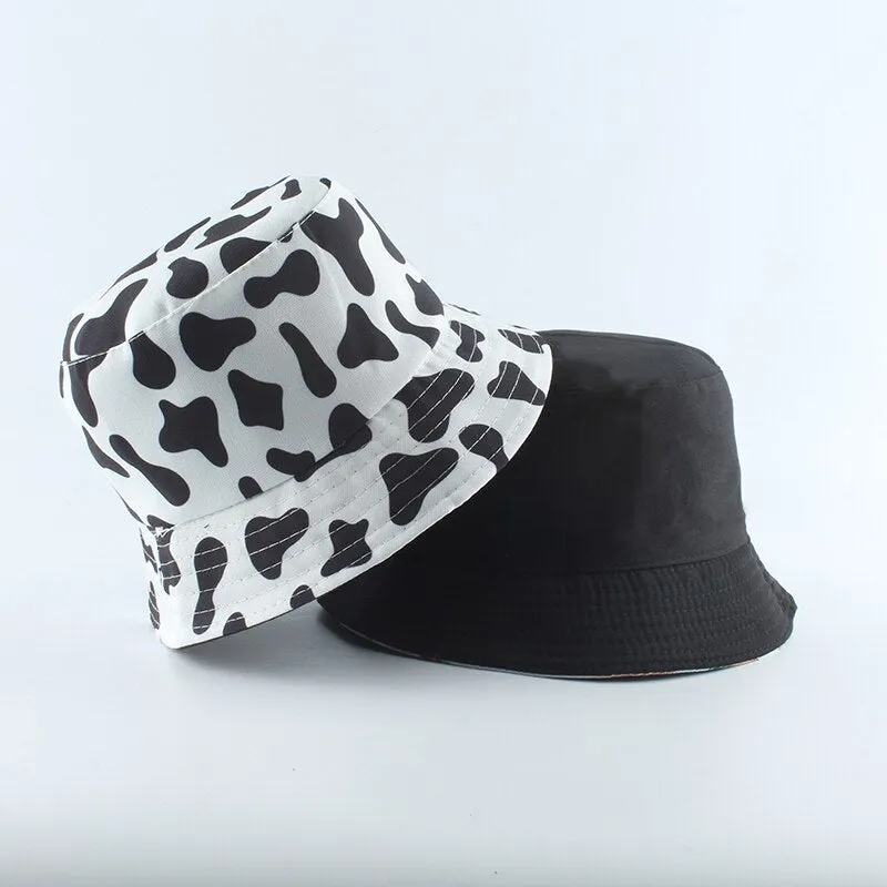 Fashion Korean Pink Cow Print Bucket Hat Women Reversible Fishing Cap Bob Chapeau Autumn Summer