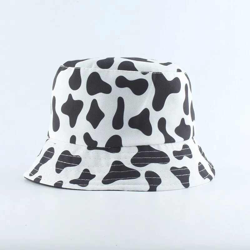 Fashion Korean Pink Cow Print Bucket Hat Women Reversible Fishing Cap Bob Chapeau Autumn Summer