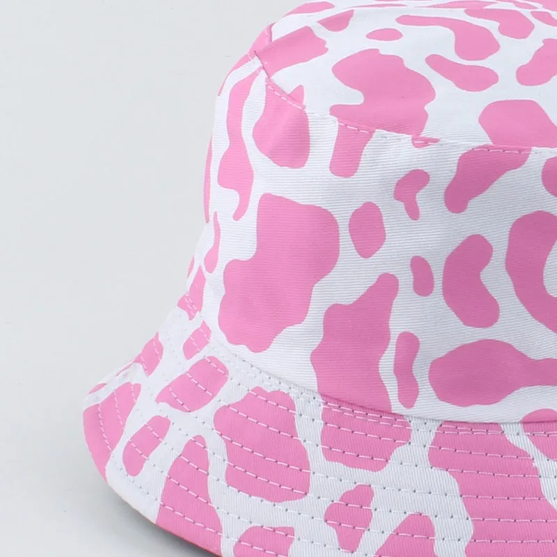 Fashion Korean Pink Cow Print Bucket Hat Women Reversible Fishing Cap Bob Chapeau Autumn Summer