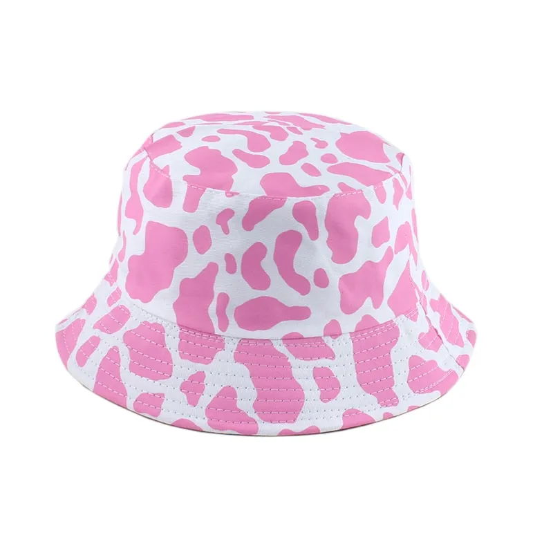 Fashion Korean Pink Cow Print Bucket Hat Women Reversible Fishing Cap Bob Chapeau Autumn Summer