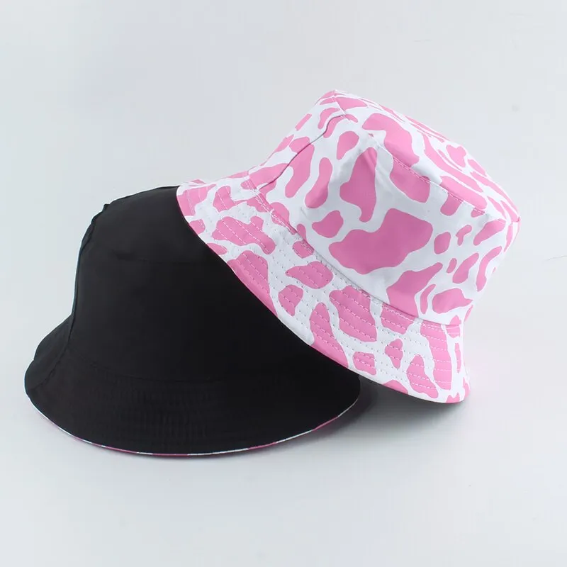 Fashion Korean Pink Cow Print Bucket Hat Women Reversible Fishing Cap Bob Chapeau Autumn Summer