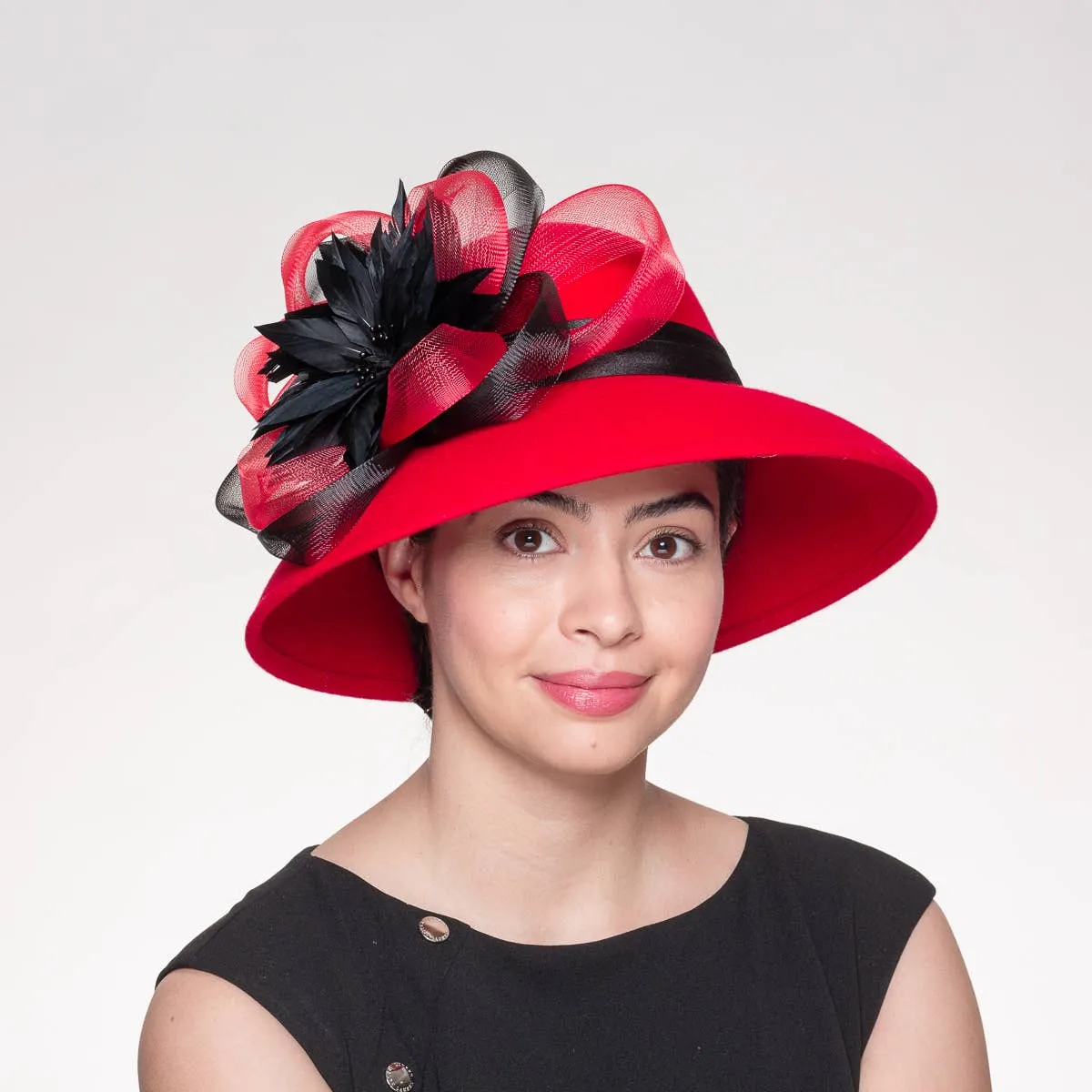 Feather Flower Bow Down Brim Hat: Red Black