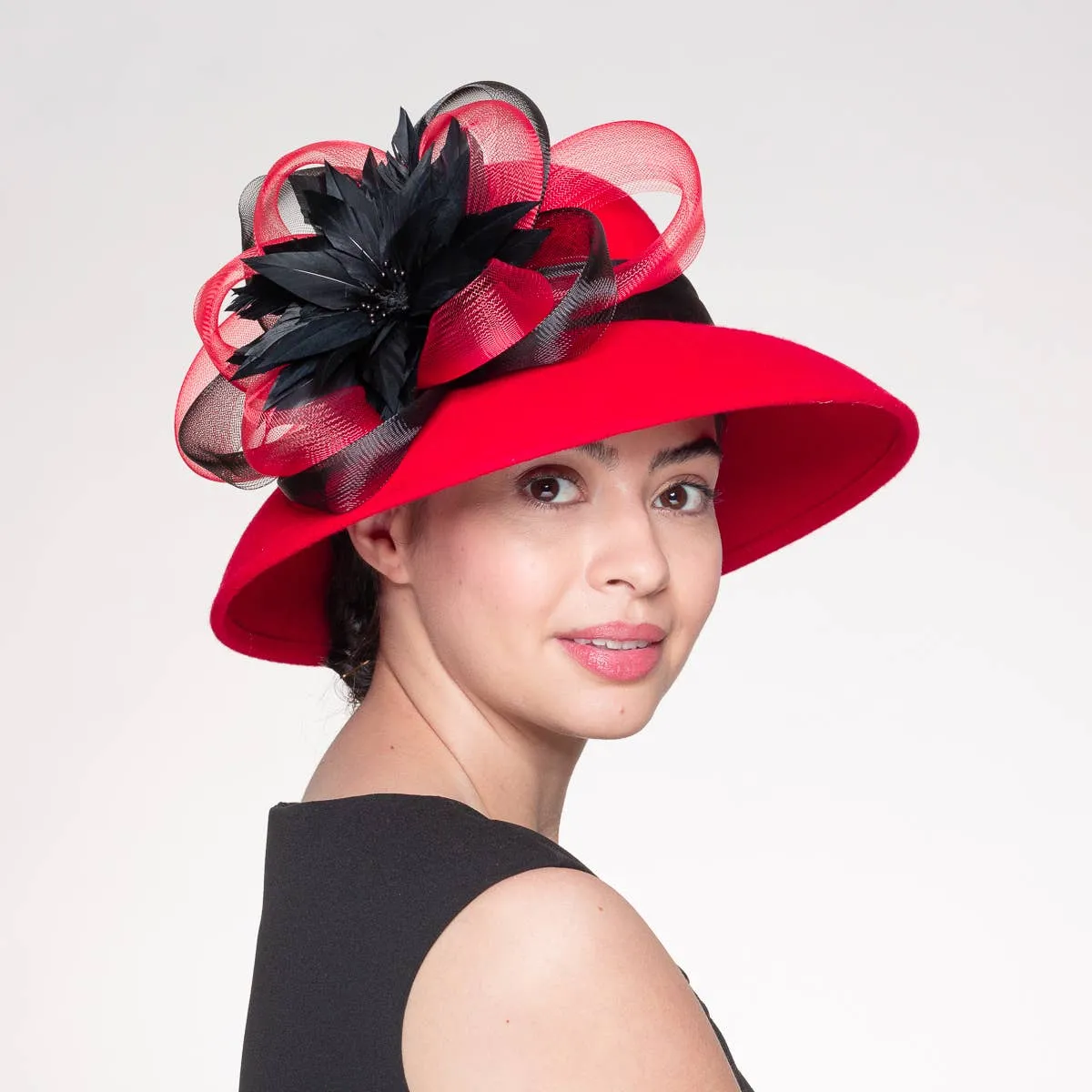 Feather Flower Bow Down Brim Hat: Red Black