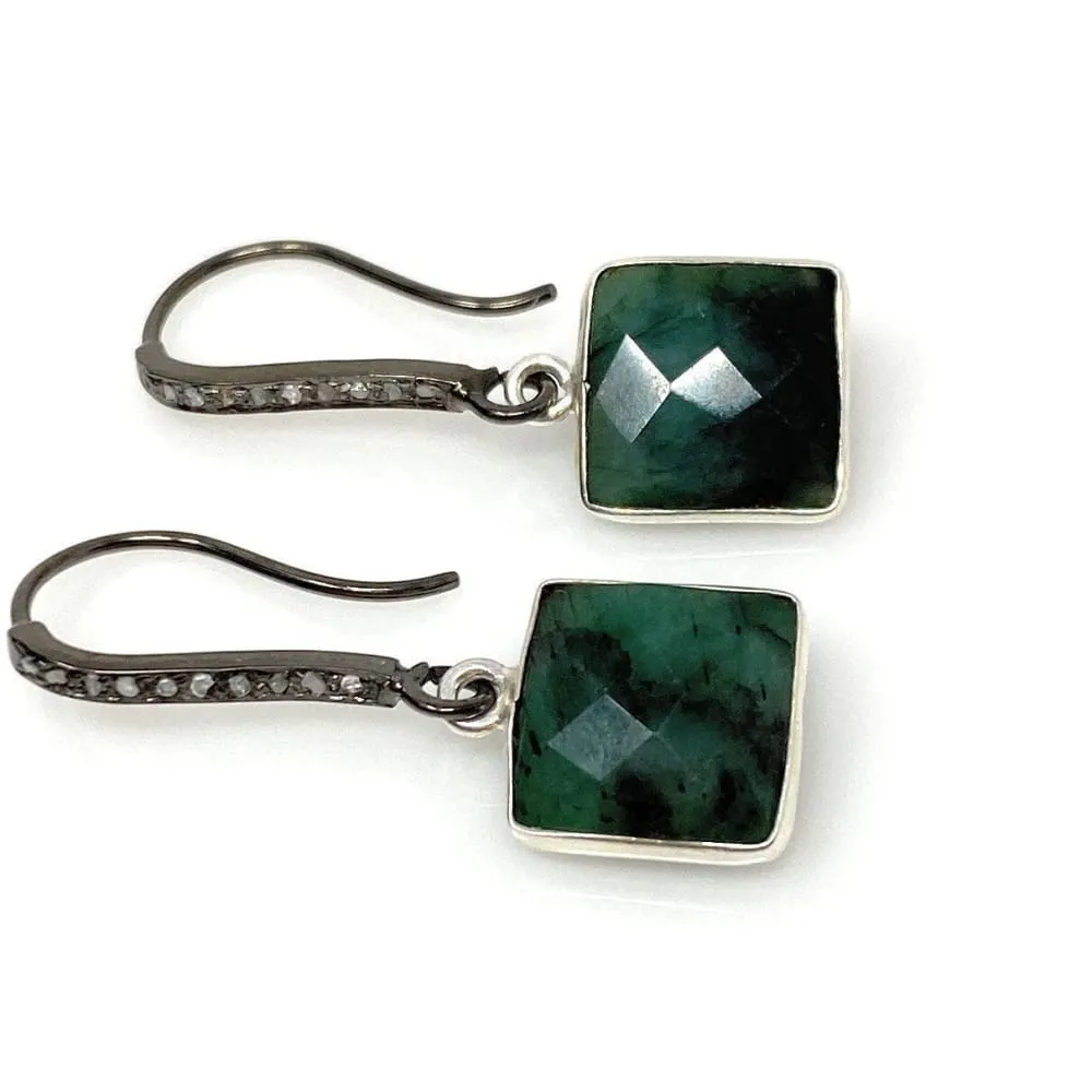 Genuine Emerald Earrings, Pave Diamond Earrings, Sterling Silver