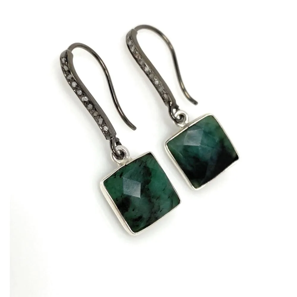 Genuine Emerald Earrings, Pave Diamond Earrings, Sterling Silver