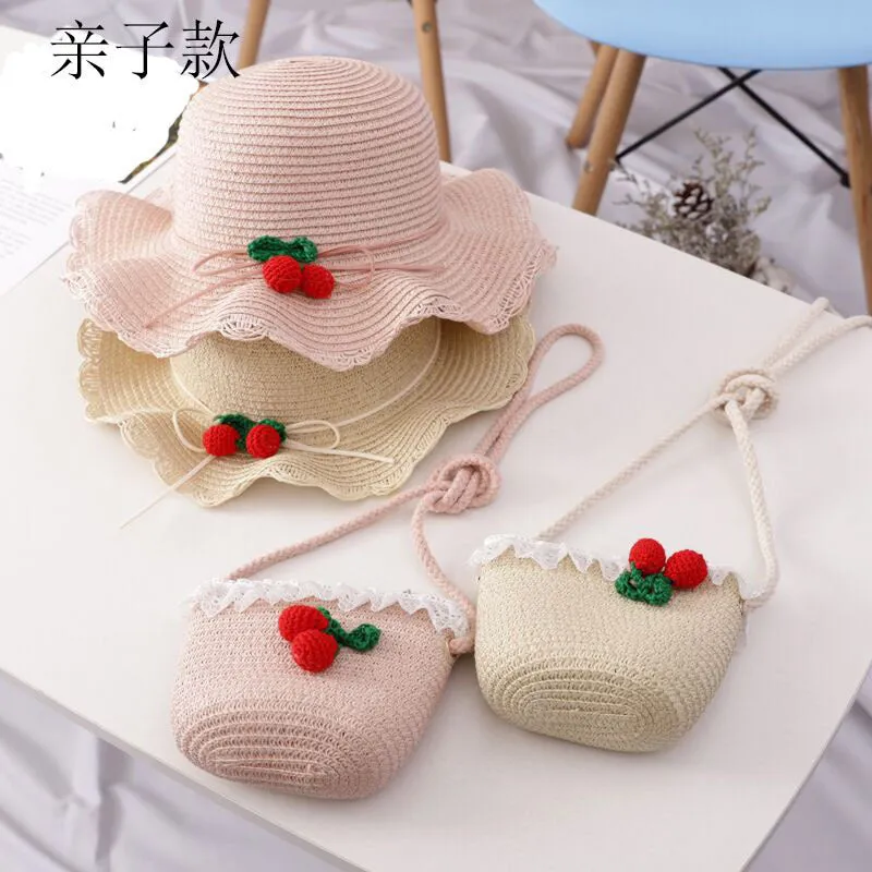 Girl Cherry Straw Hat Bag Set Princess Hat Beach Hat Sun Hat