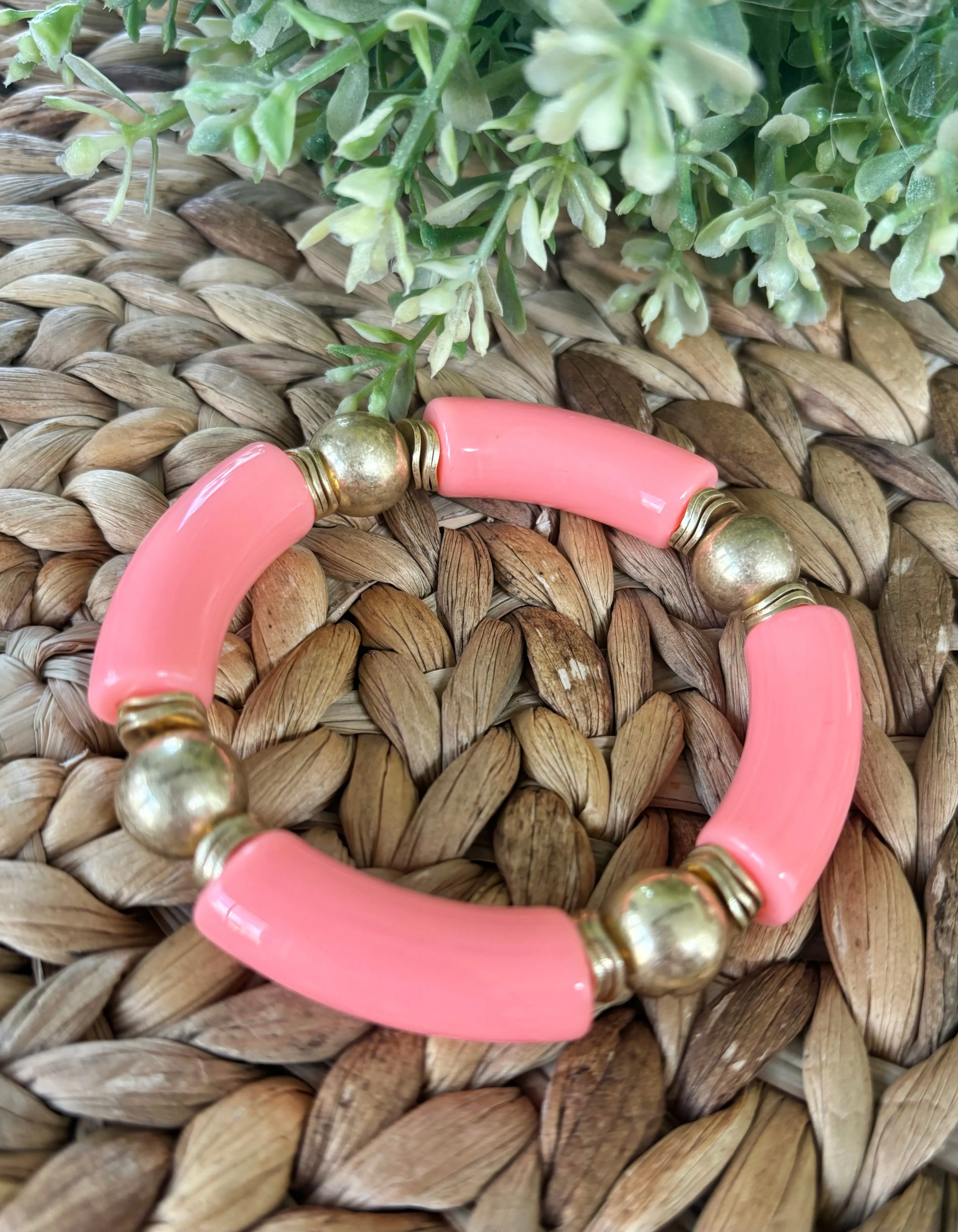 Gold Ball & Tube Bracelet-Pink