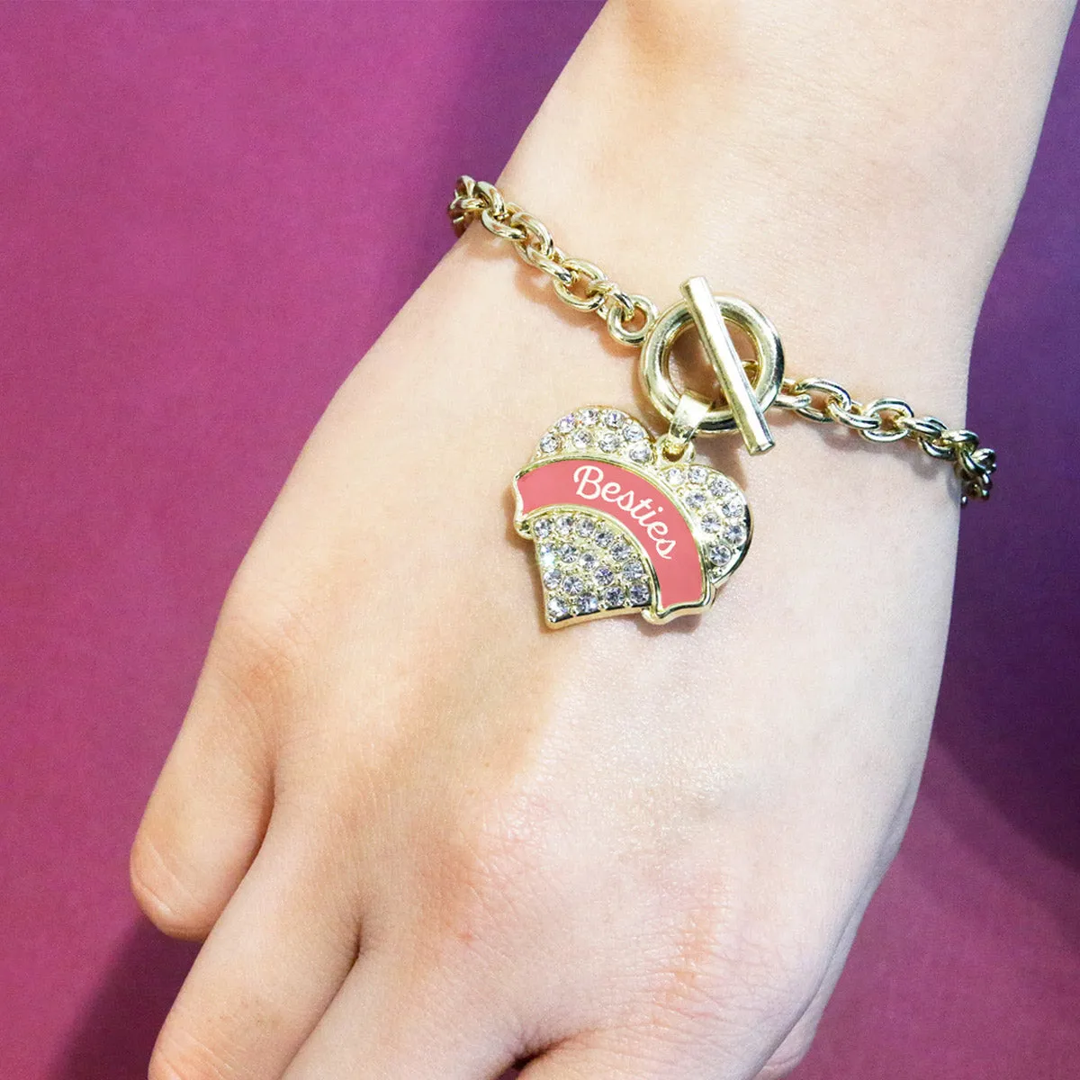 Gold Coral Besties Pave Heart Charm Toggle Bracelet