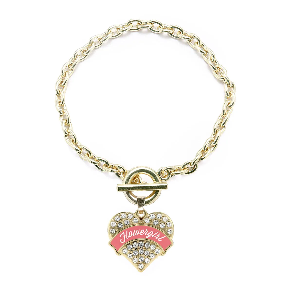 Gold Coral Flower Girl Pave Heart Charm Toggle Bracelet