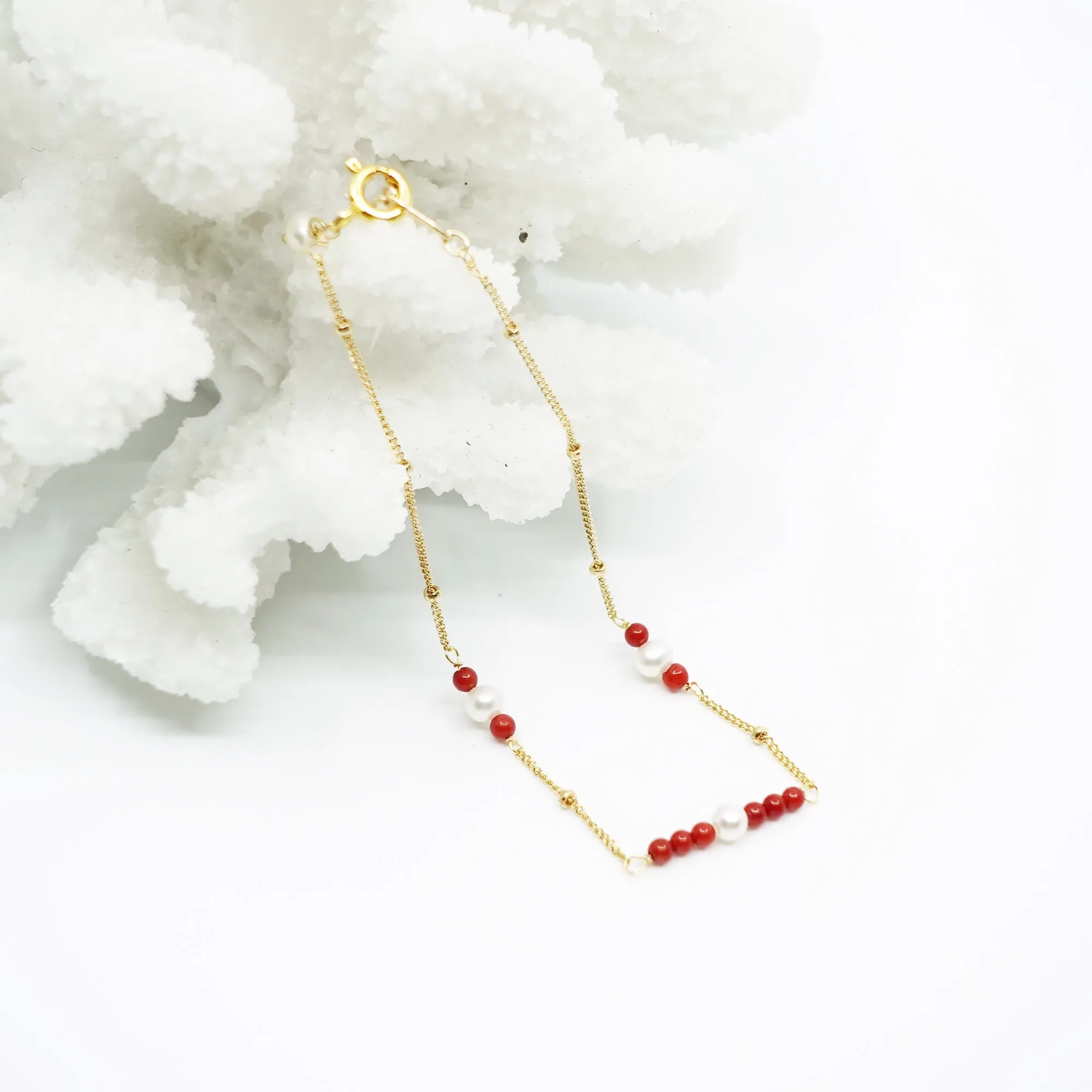 Gold Filled Red Coral and Seed Pearl Bracelet