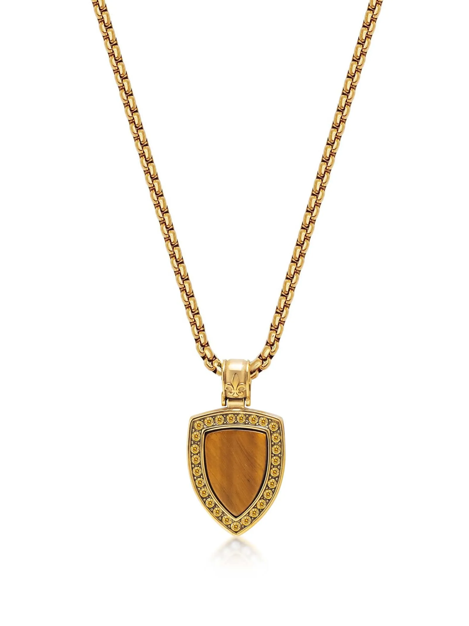 Gold Necklace with Brown Tiger Eye Shield Pendant