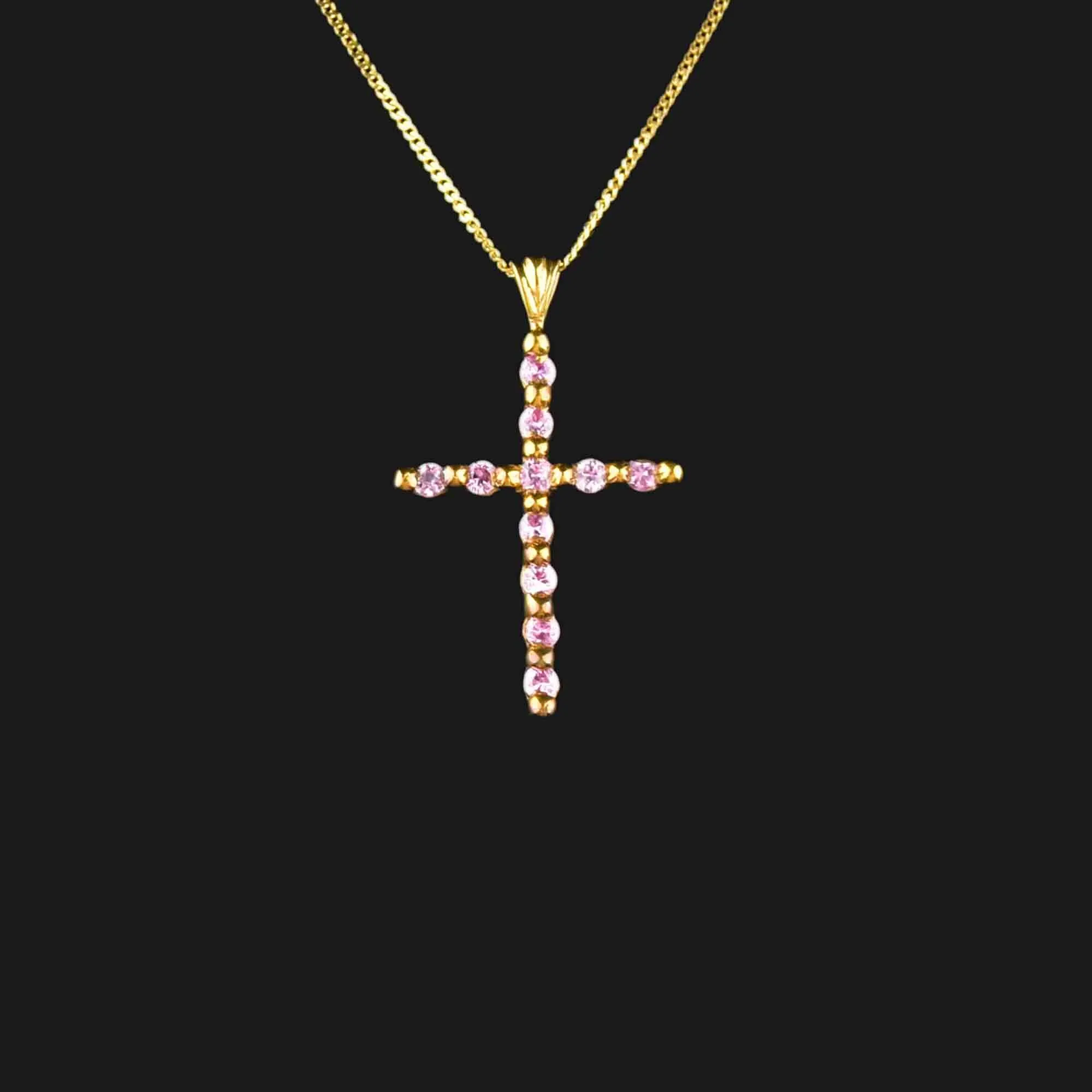 Gold Pink Sapphire Cross Pendant Necklace