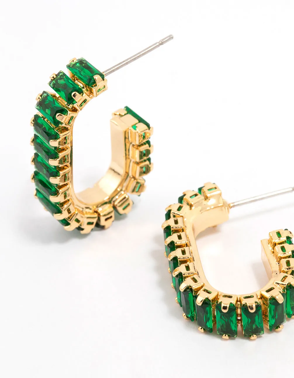 Gold Plated Horizontal Baguette Emerald Oval Hoop Earrings