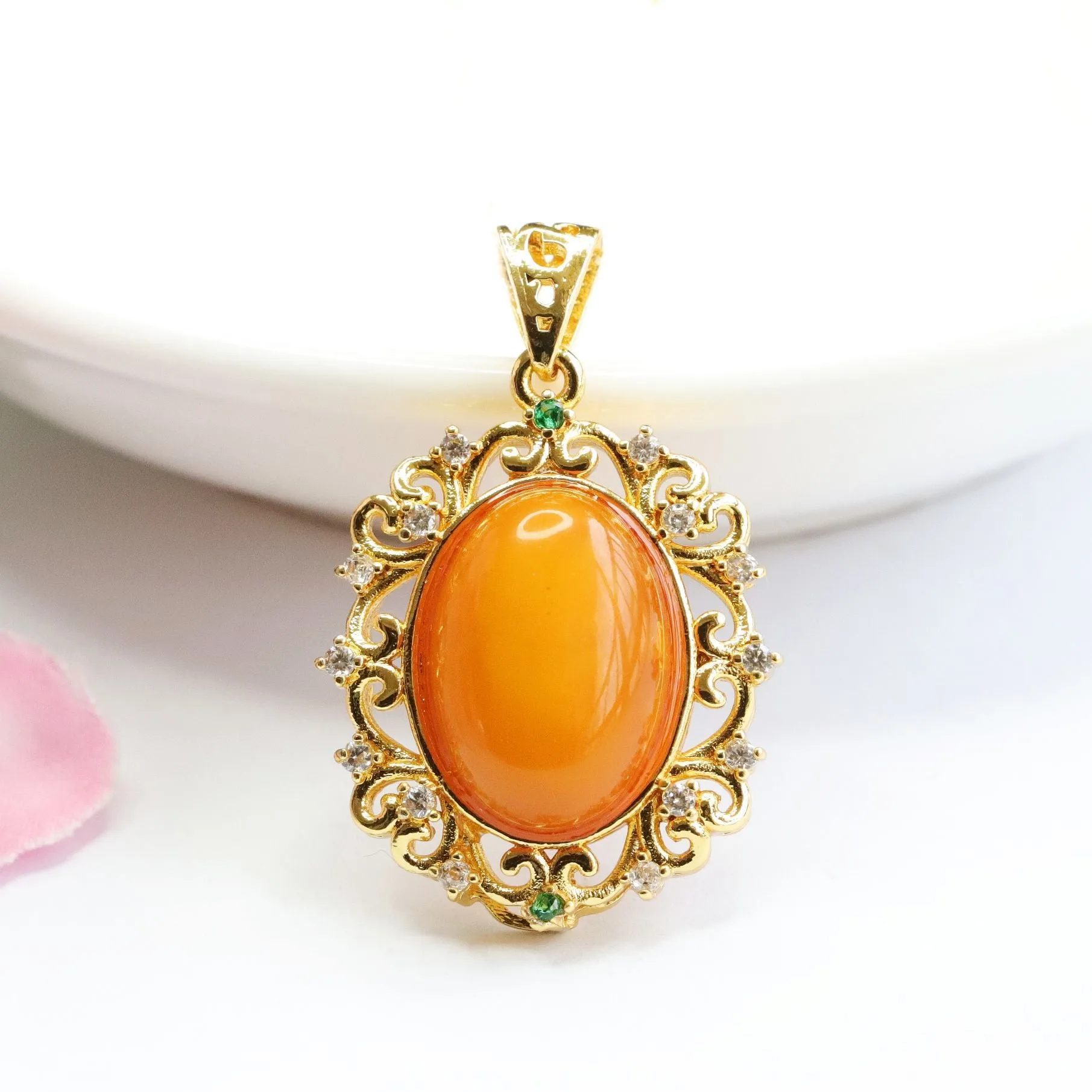 Golden Amber Beeswax Pendant Necklace with Zircon Accents