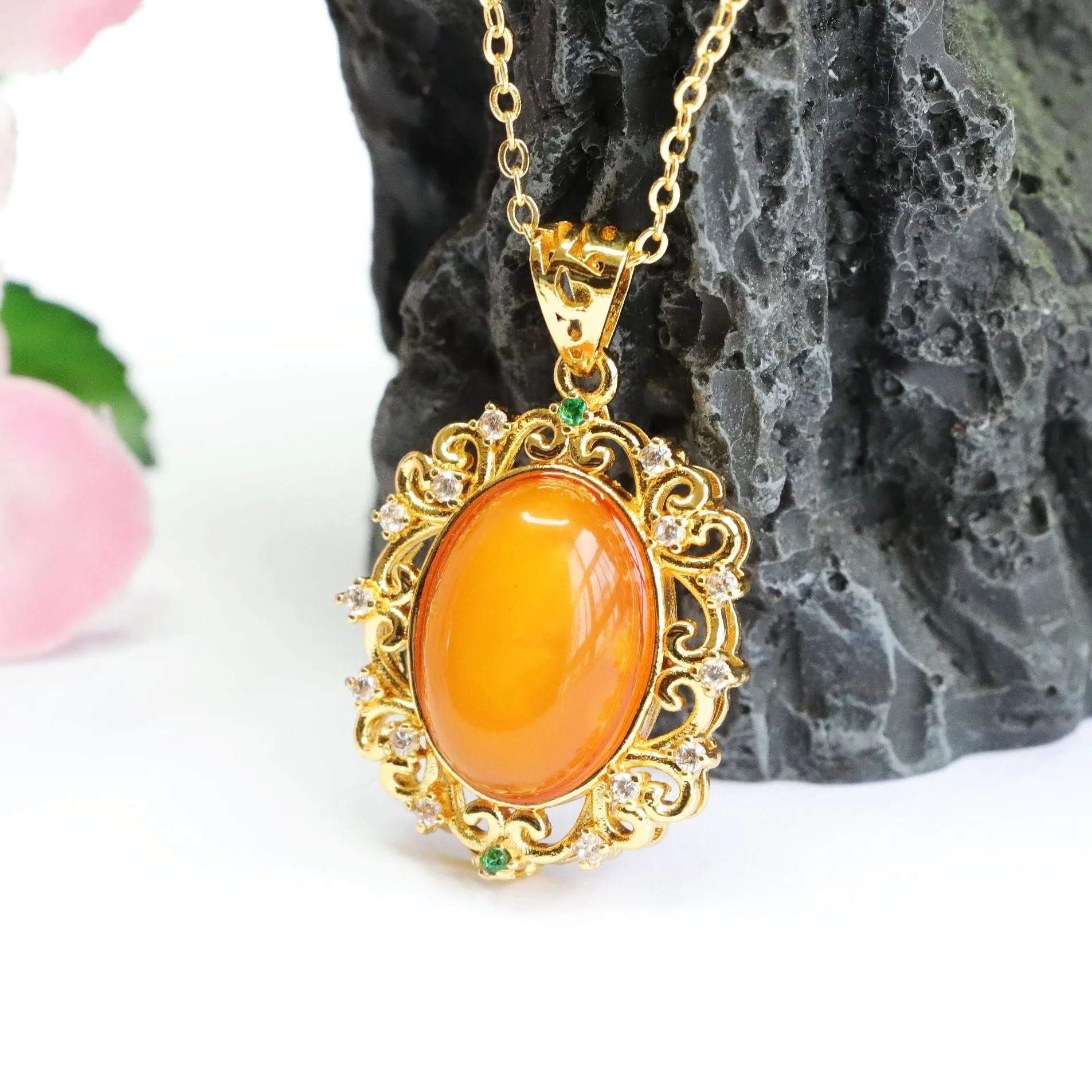 Golden Amber Beeswax Pendant Necklace with Zircon Accents