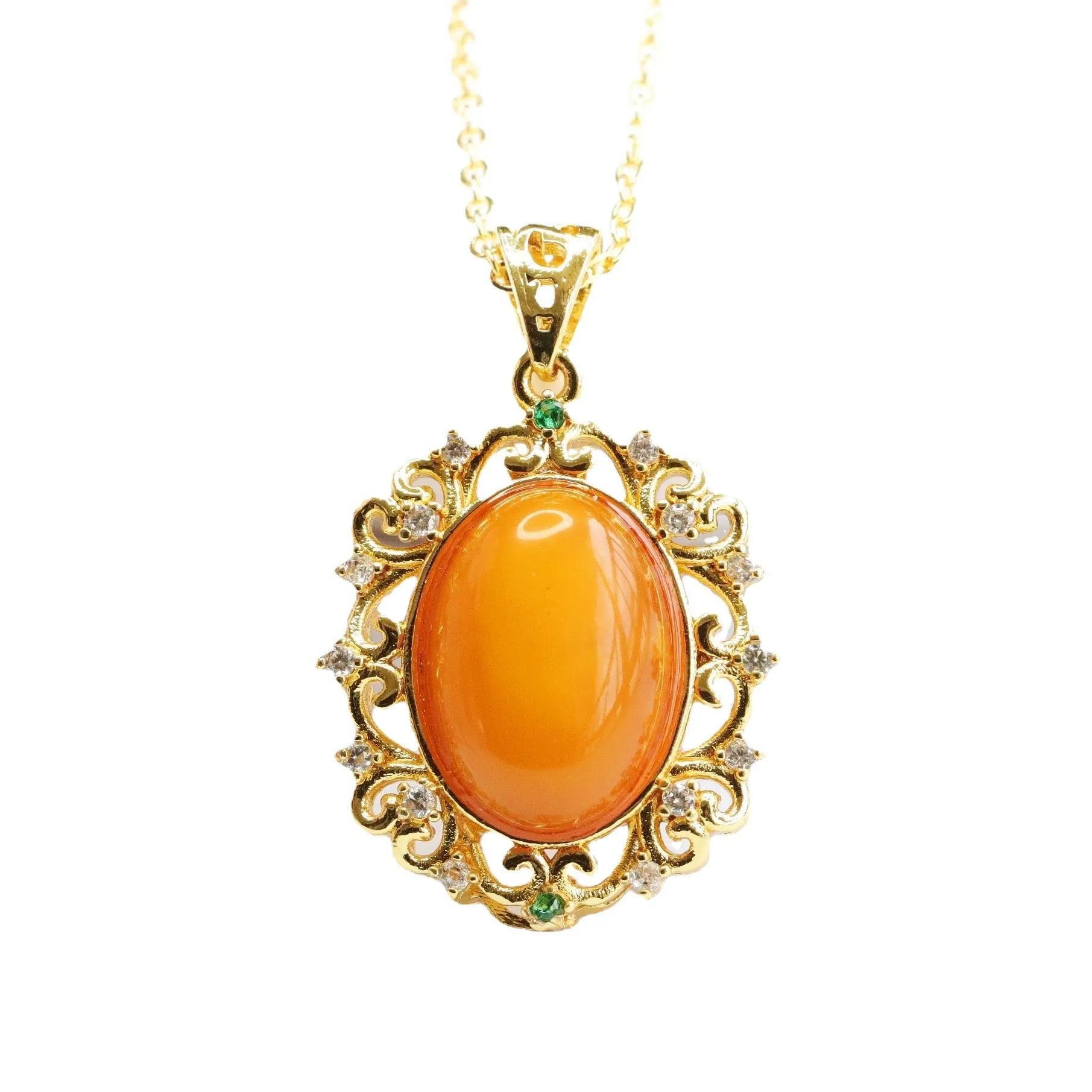 Golden Amber Beeswax Pendant Necklace with Zircon Accents