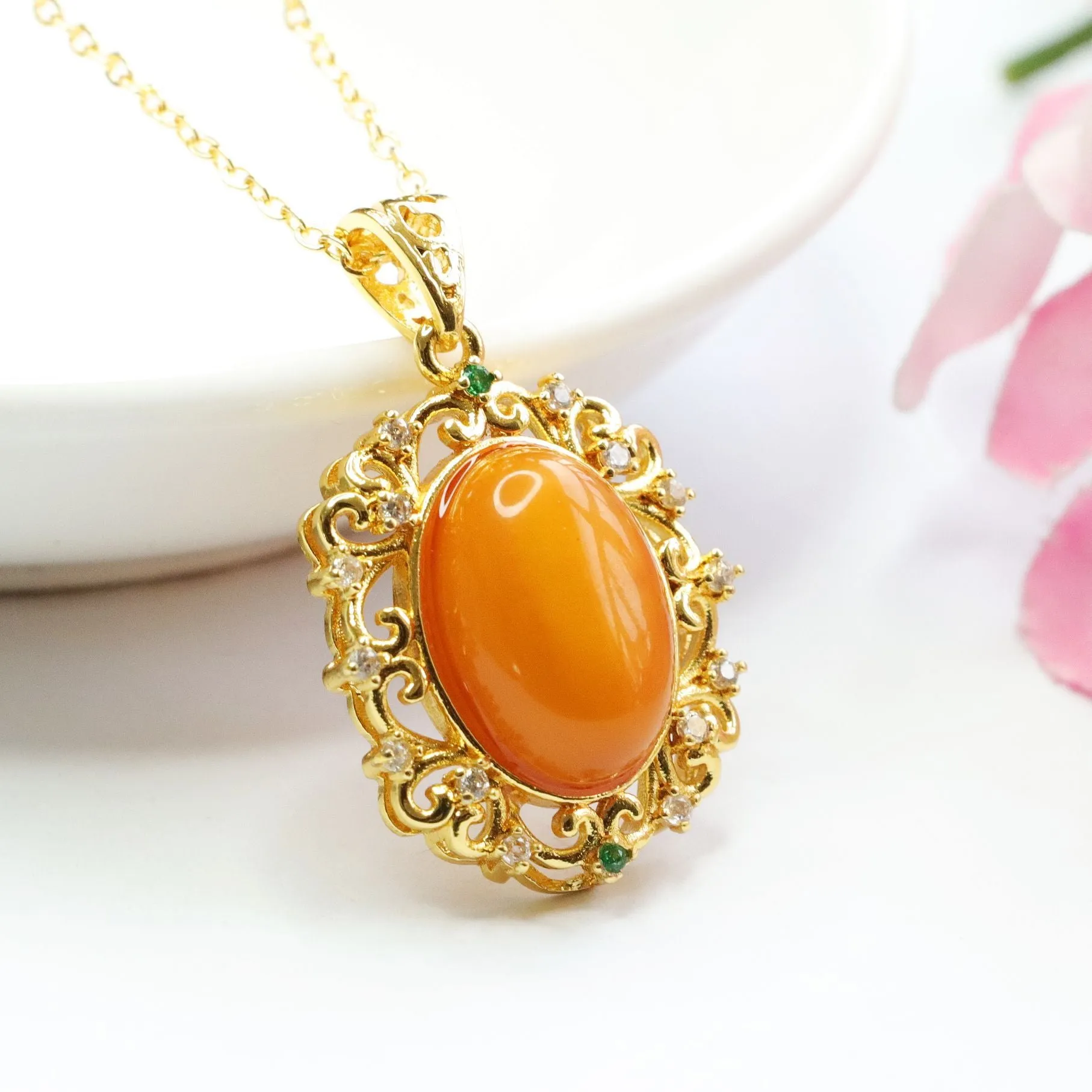 Golden Amber Beeswax Pendant Necklace with Zircon Accents