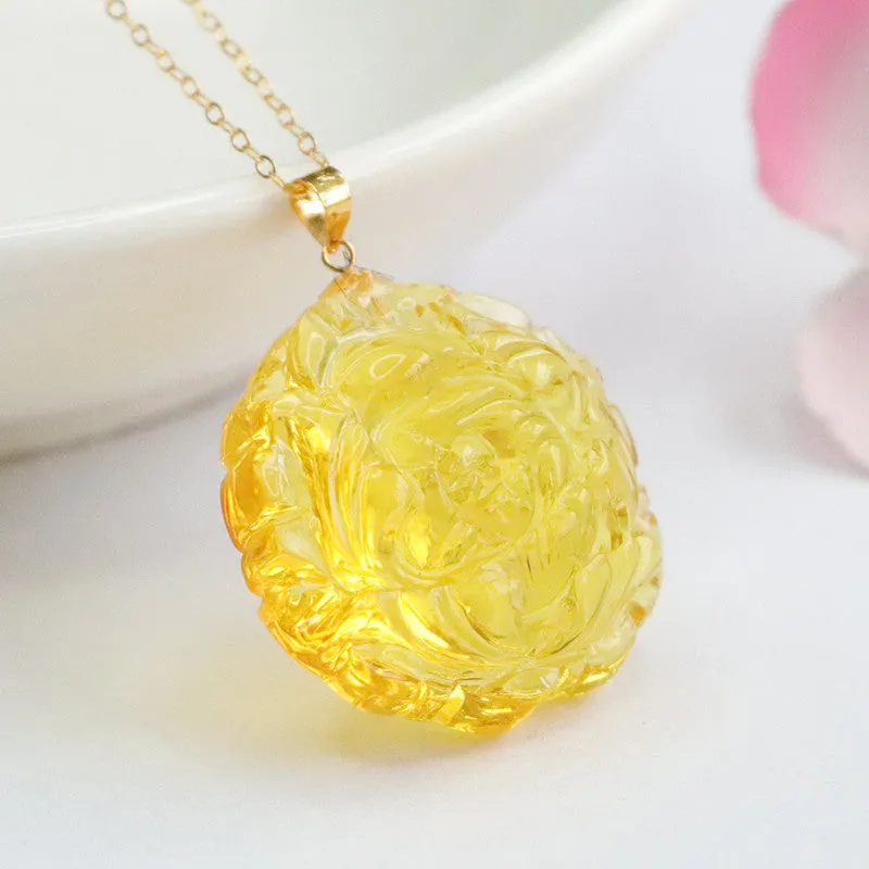 Golden Amber Peony Bloom and Prosperity Charm Necklace