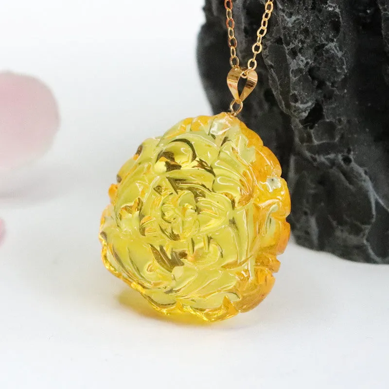 Golden Amber Peony Bloom and Prosperity Charm Necklace