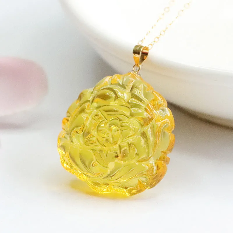 Golden Amber Peony Bloom and Prosperity Charm Necklace