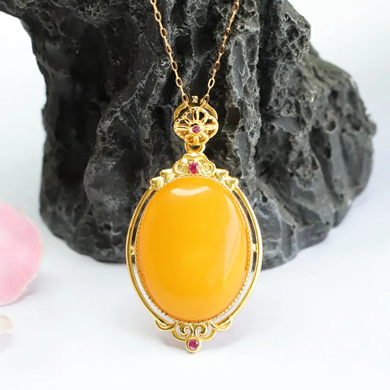 Golden Necklace with Genuine Beeswax Amber Pendant on 925 Sterling Silver Chain