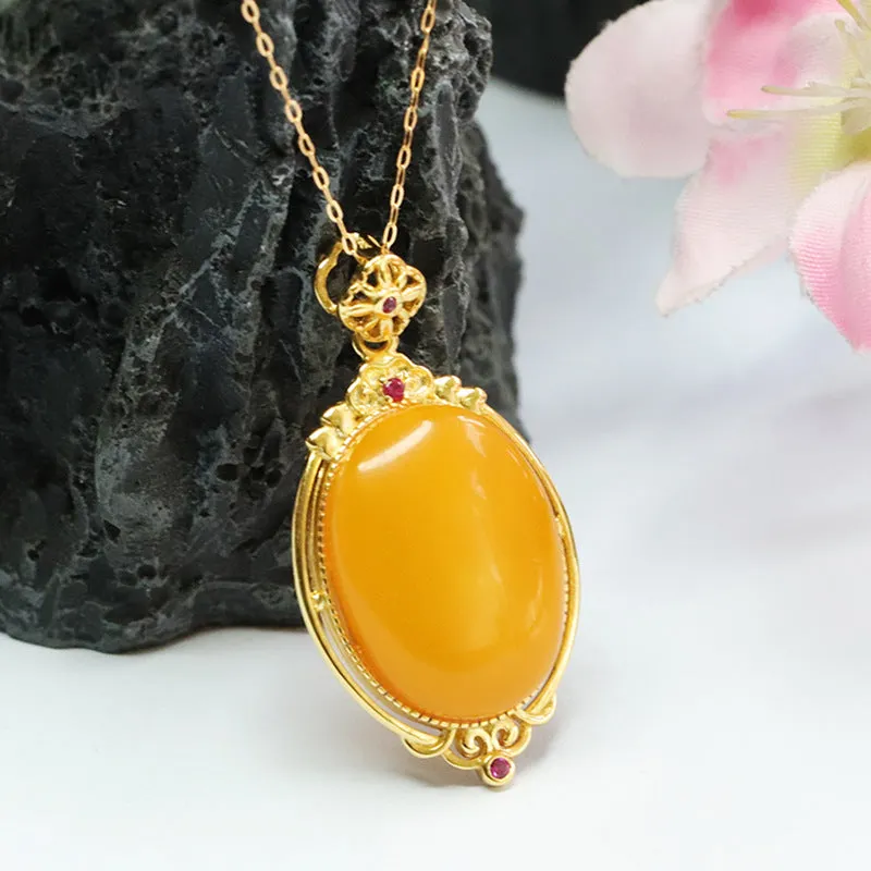 Golden Necklace with Genuine Beeswax Amber Pendant on 925 Sterling Silver Chain