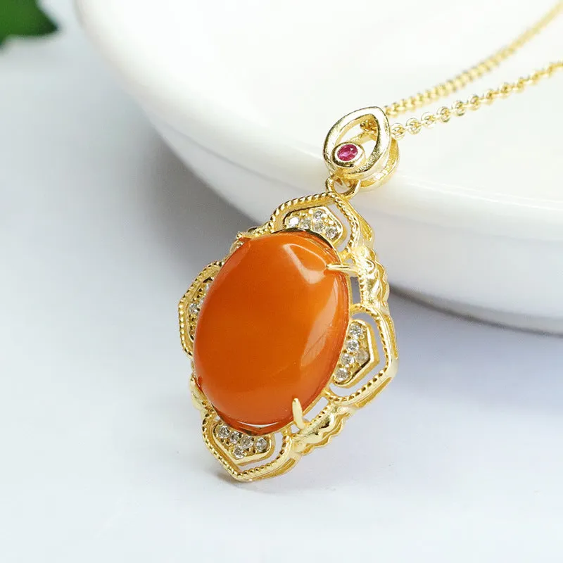 Golden Petal Honey Amber Necklace with Zircon Pendant