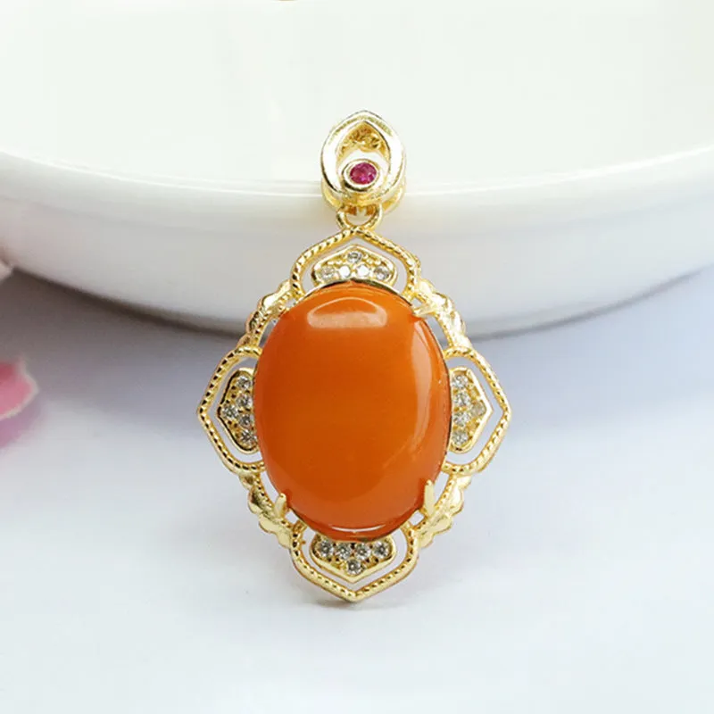 Golden Petal Honey Amber Necklace with Zircon Pendant