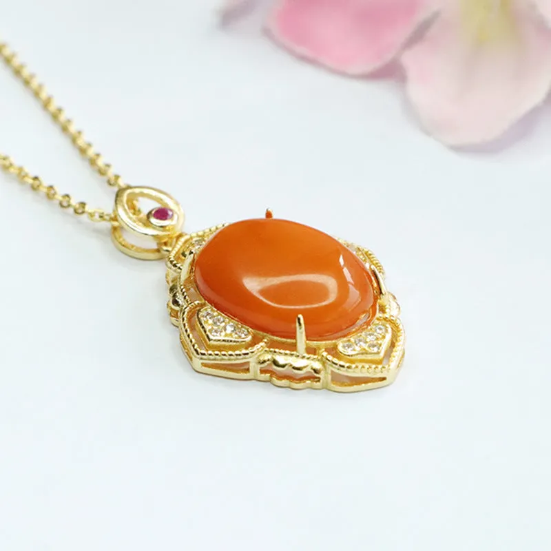 Golden Petal Honey Amber Necklace with Zircon Pendant