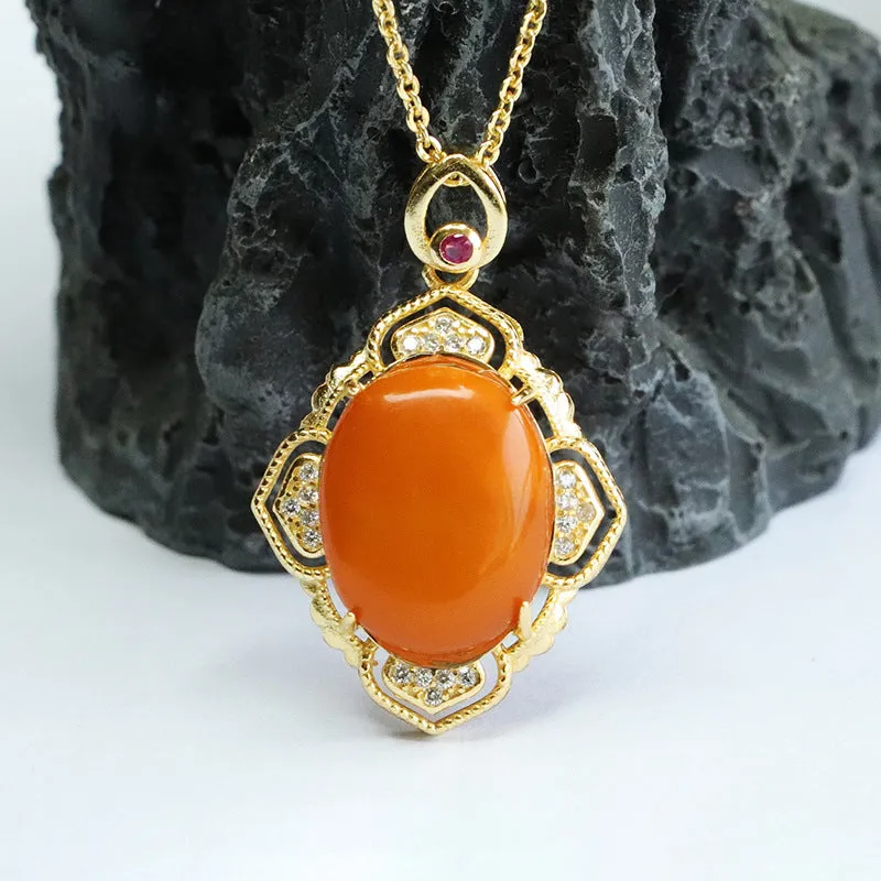 Golden Petal Honey Amber Necklace with Zircon Pendant