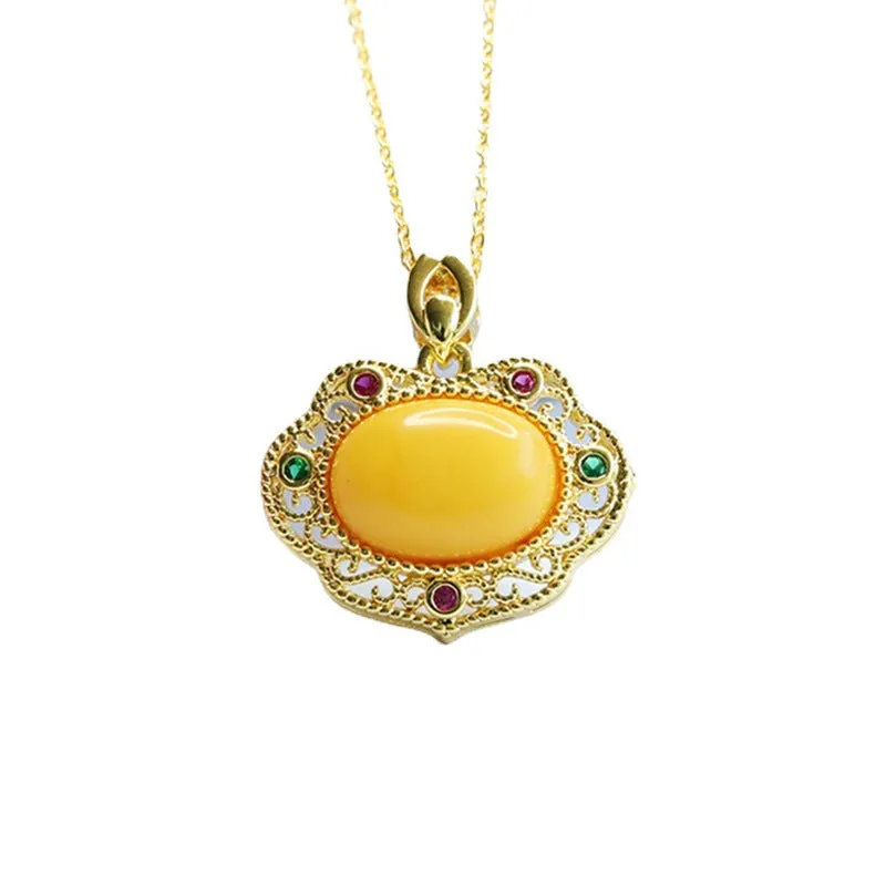 Golden Ruyi Necklace with Beeswax Amber and Zircon