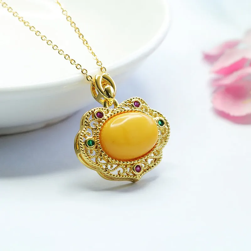 Golden Ruyi Necklace with Beeswax Amber and Zircon